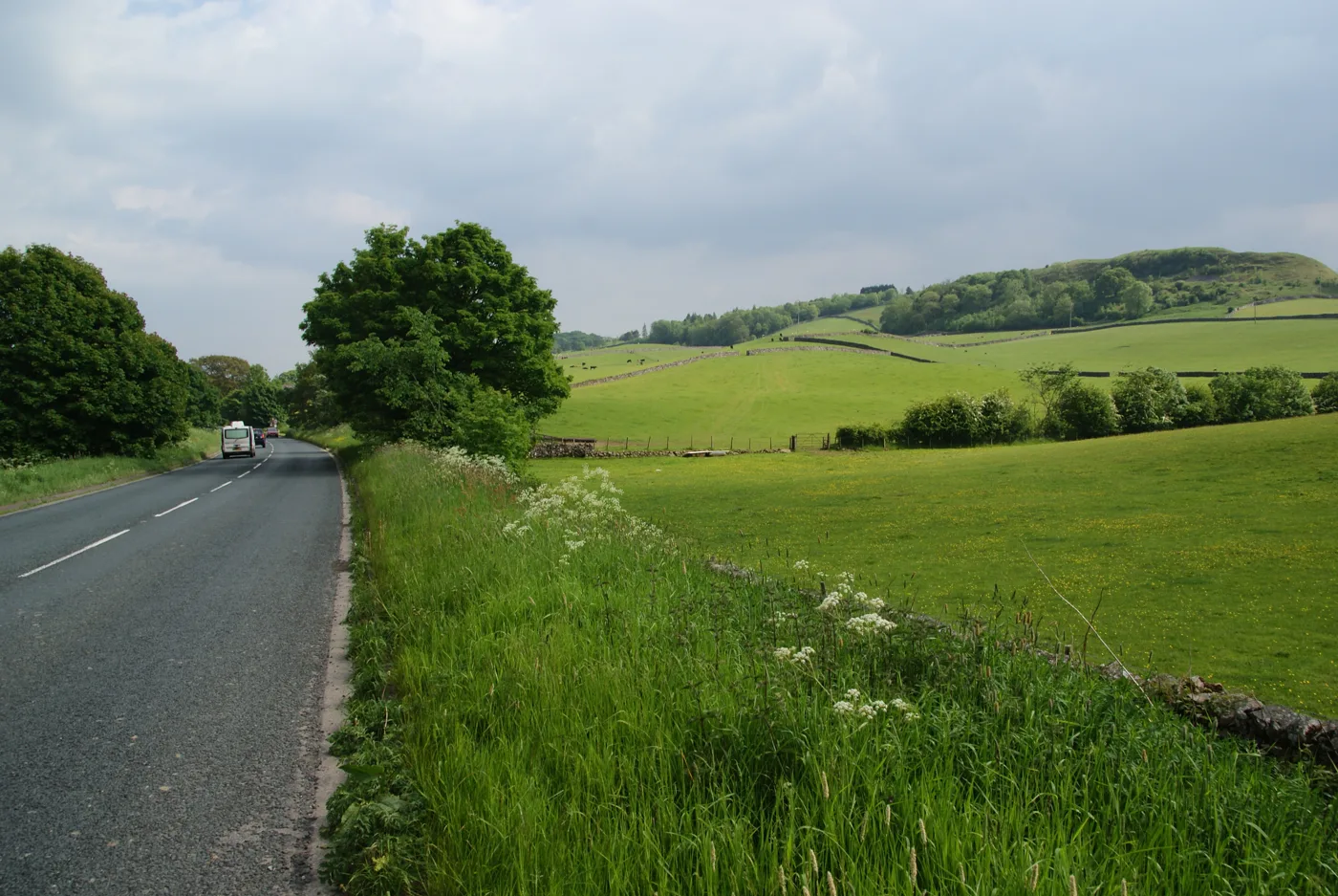 Fields beside Windermere Road (A5284) on the north-west edge of Kendal. The picture does not show the application site boundary.