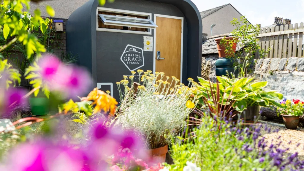 The Pod, Manna House's one-person emergency night shelter, in the garden of the Stephenson Centre on Ann Street